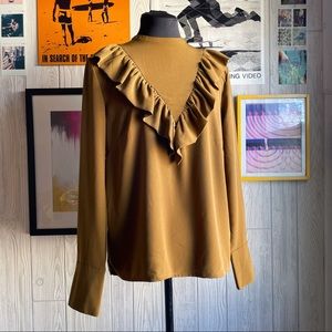 H&M Silk Ruffle Top Business Casual Professional Office Boho Olive Mustard